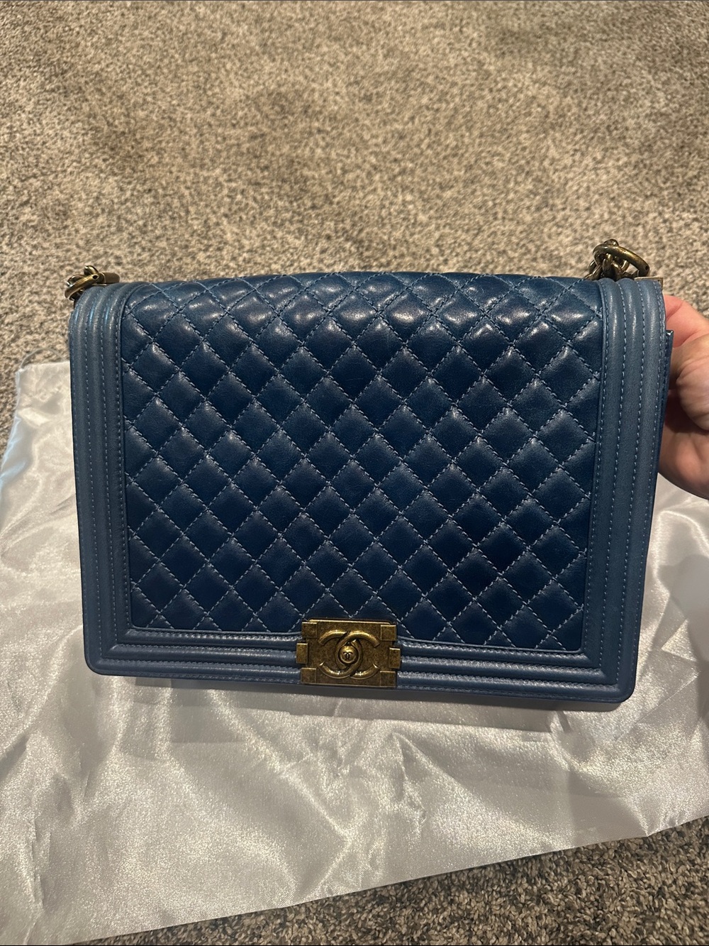 CHANEL Blue Quilted Leather Boy Bag with Gold-Tone CC Lock